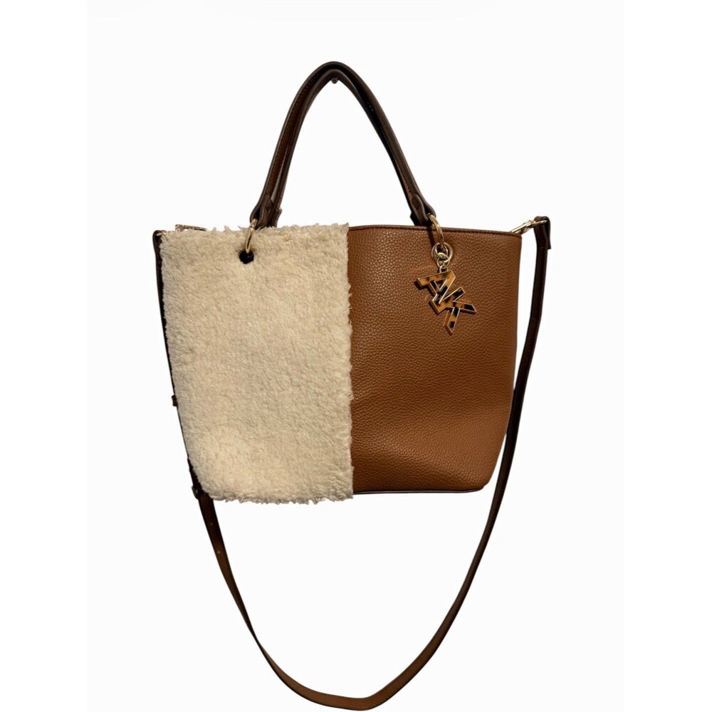 Anne Klein Brown Cream Tote Bag Snap Zip Closure Detachable Strap Pockets Gold